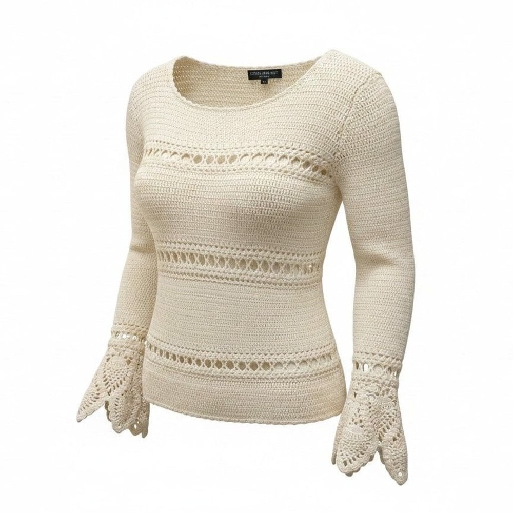 Central Park West New York Cream 100% Cotton Crochet Long Sleeve Sweater Size S